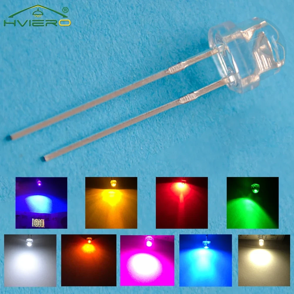 100Pcs 5mm Straw Hat White Red Green Blue YellowPink Smd Smt Led Water Clear Bright Wide Angle Emitting Diode Bulb DIY Light