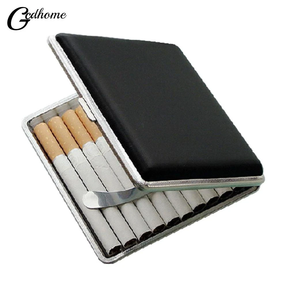 Metal Frame Black Faux Leather Cigarette Storage High Quality Case Box Container for Lighter Holds 84mm cigarettes Cases