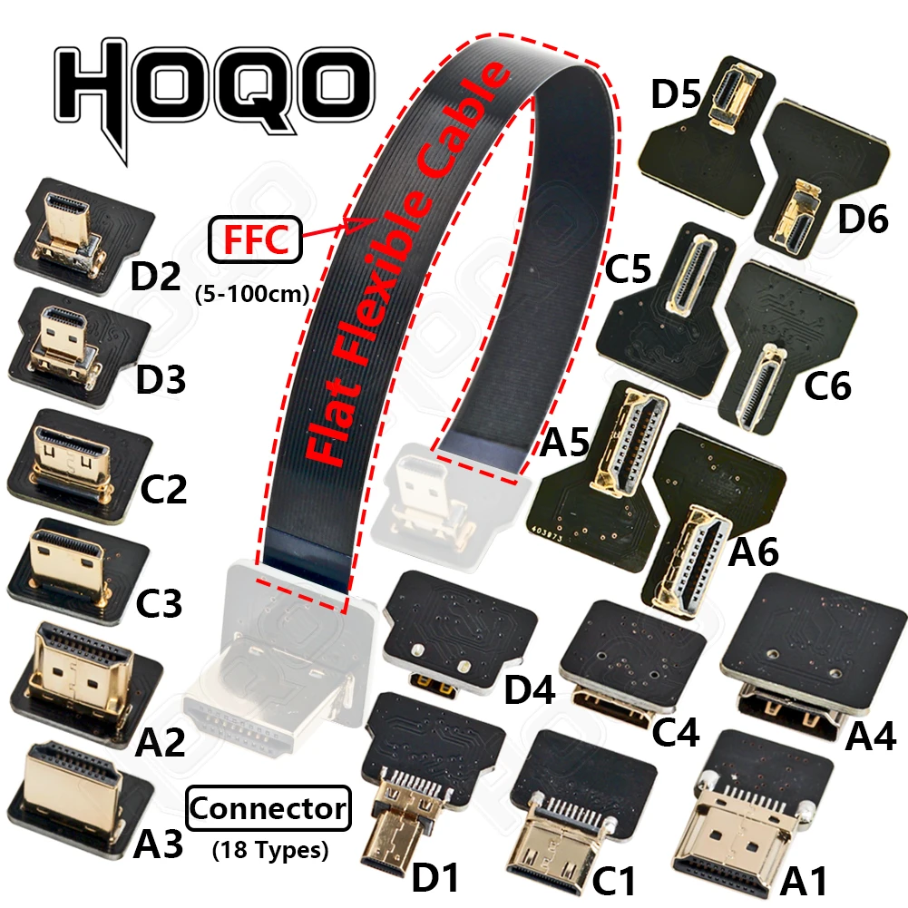 Ribbon FPV HDMI-Compatible Connector Flexible Flat Cable Raspberry Pi 4 Micro HDMI to HDMI/Mini HDMI Female 90 Degree FFC 20pin