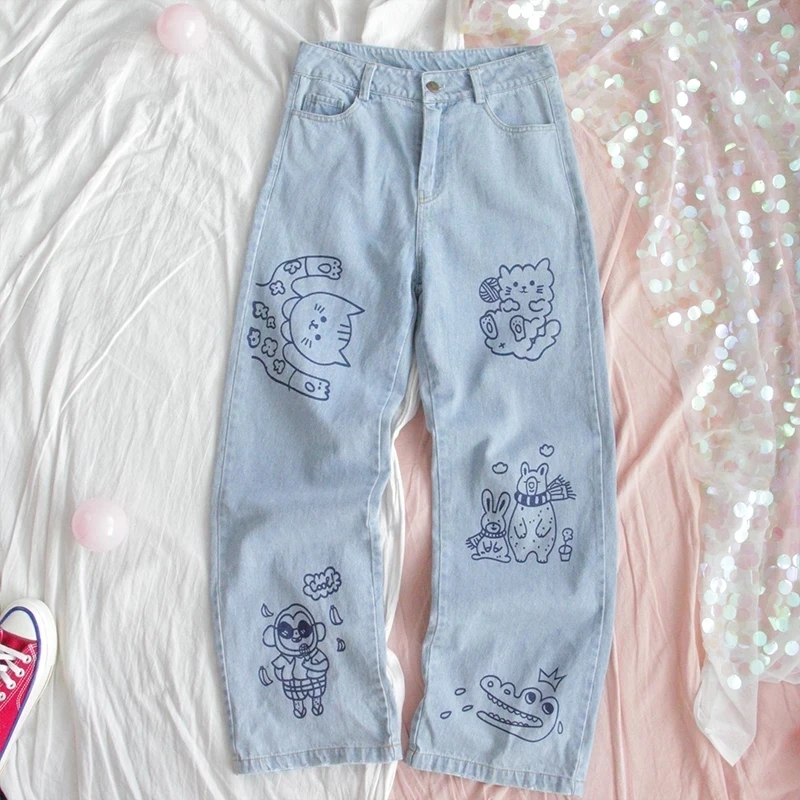 Harajuku Fashion Cotton Women Denim Jeans High Waist Curled Denim Straight Pants Sweet Cute Puppy Embroidery Girl Denim Trousers