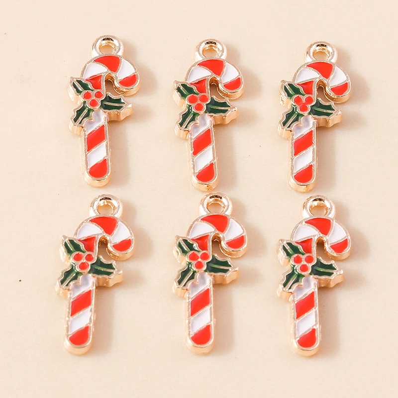10pcs 6*17mm Enamel Christmas Candy Cane Charms for Earrings Pendants Necklaces Flower Charms DIY Jewelry Making Accessories