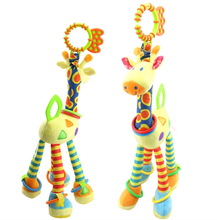 Cute Plush Infant Baby Soft Giraffe Animal Handbells Rattles Handle Toys  with Teether Baby Toy