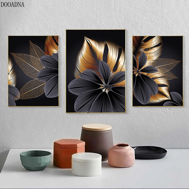 Nordic black gold plant leaf canvas poster printing modern living room decoration abstract wall art painting home decoration