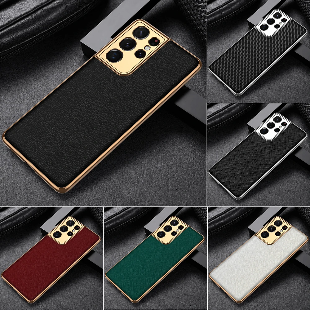 Luxury Case for Samsung Galaxy S21 Ultra S21 Plus 5G Cover Plating Leather Texture Hard Protective Shell for Galaxy S21 Case