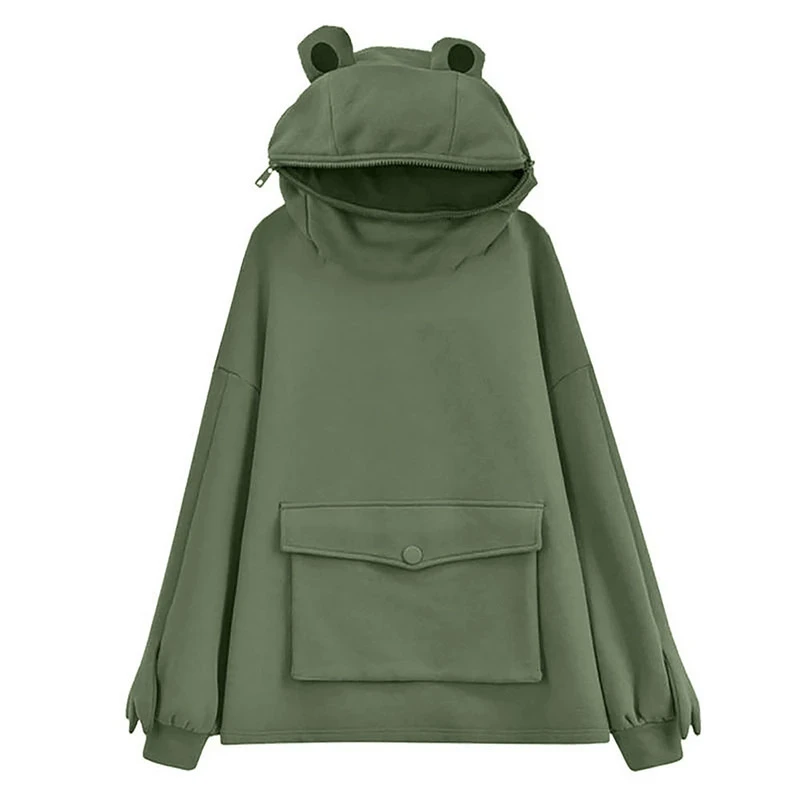 Unisex Frog Zipper Hoodie Fleece Lined Springtime Embroidery oversized Sweatshirt Harajuku Warm Pullover Korean Style Dropship
