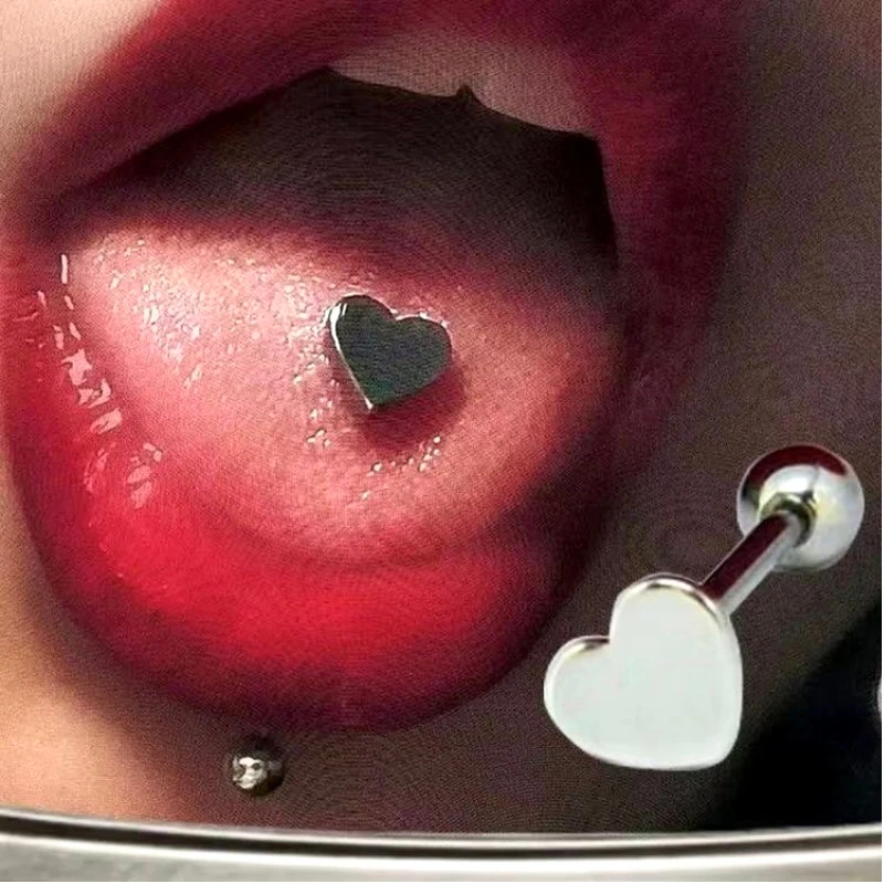 1Pc Heart Shaped Stainless Steel Tongue Barbell Piercing Tongue Thread Studs for Unisex 14G Labret Lip Piercing Body Jewelry