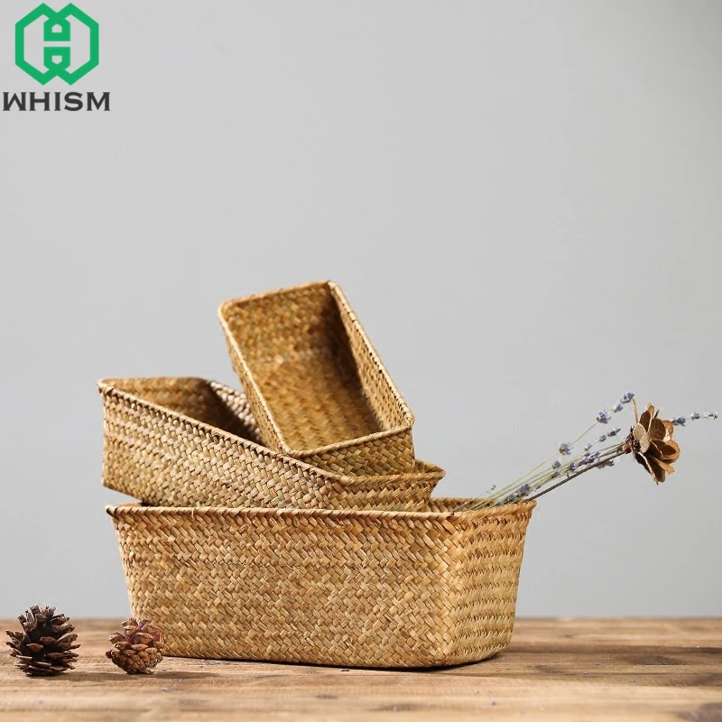 WHISM Weaving Storage Basket Rattan Fruit Storage Box Handmade Tea Holder Seagrass Picnic Basket Wickerwork Cosmetics Organizer