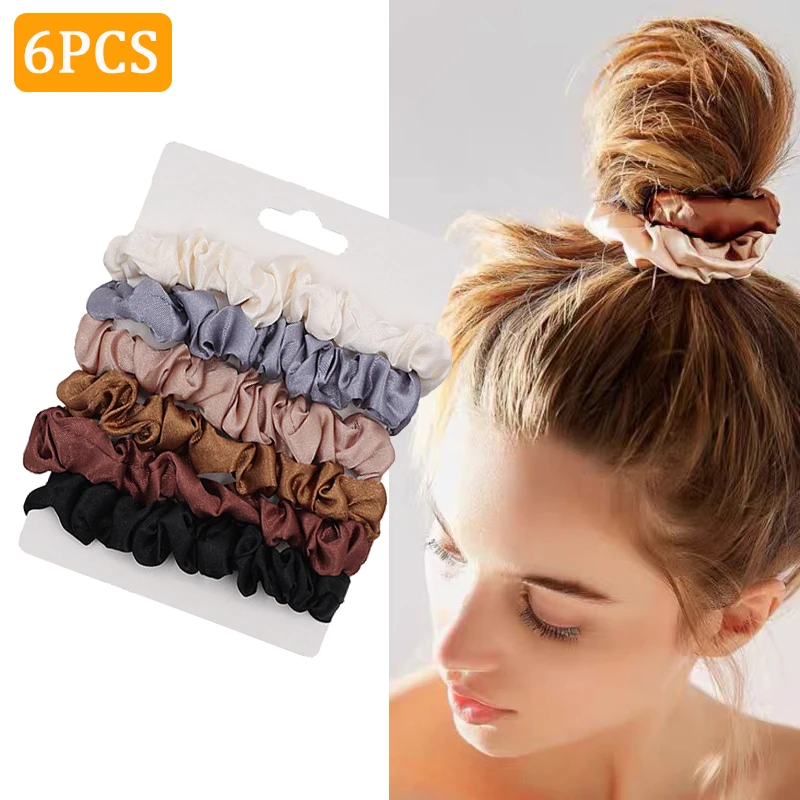 6PCS Woman Fashion Scrunchies Satin Silk Hair Ties Rope Girls Ponytail Holders Rubber Band Elastic Hairband Hair Accessories