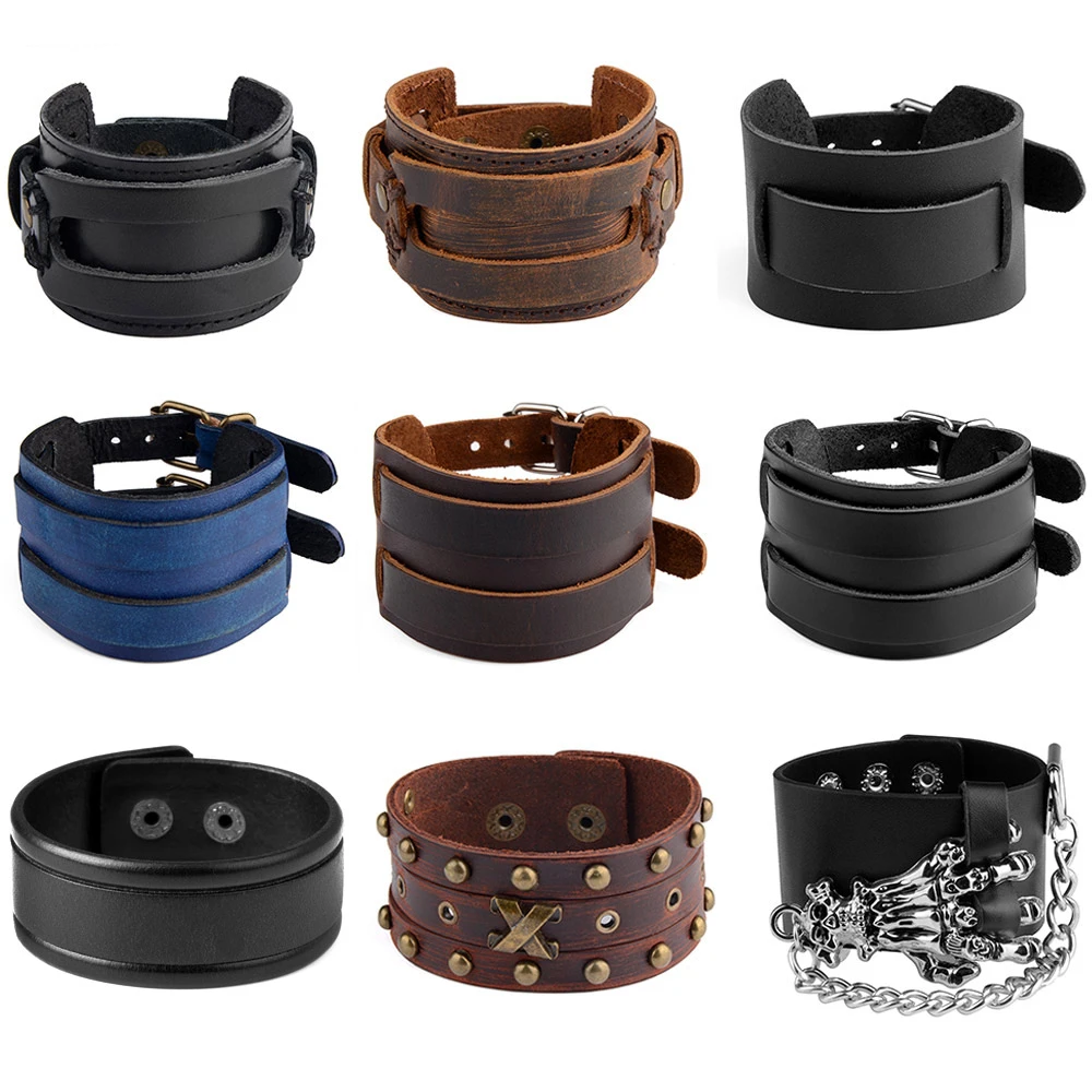 Chanfar Hot selling Fashion Punk Rivet Wide Leather Bracelets For Men Women Cuff Vintage Rock Jewelry