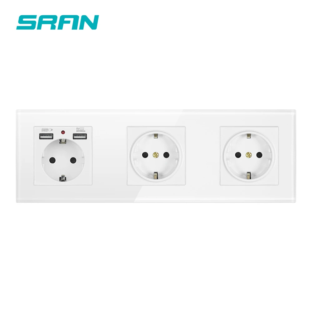 SRAN EU 3 frame power socket,16A Plug Grounded Electrical socket with usb outlet strip Crystal Glass panel 258mm*86mm