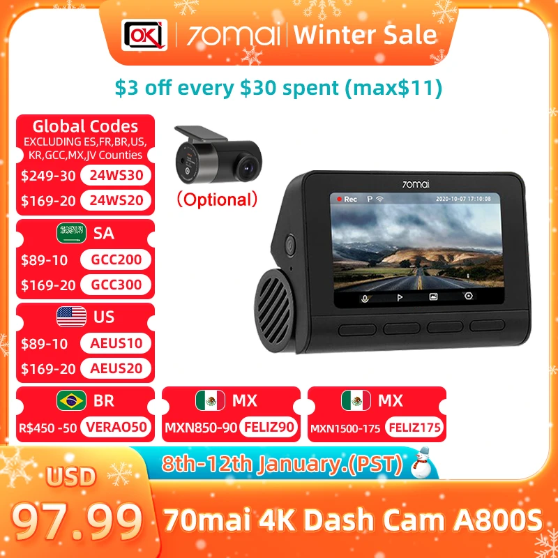 70mai 4K A800S Dash Cam ADAS Real 4K Camera Car DVR Built-in GPS Dual Vision Record 24 Hours Parking Record Night Vision