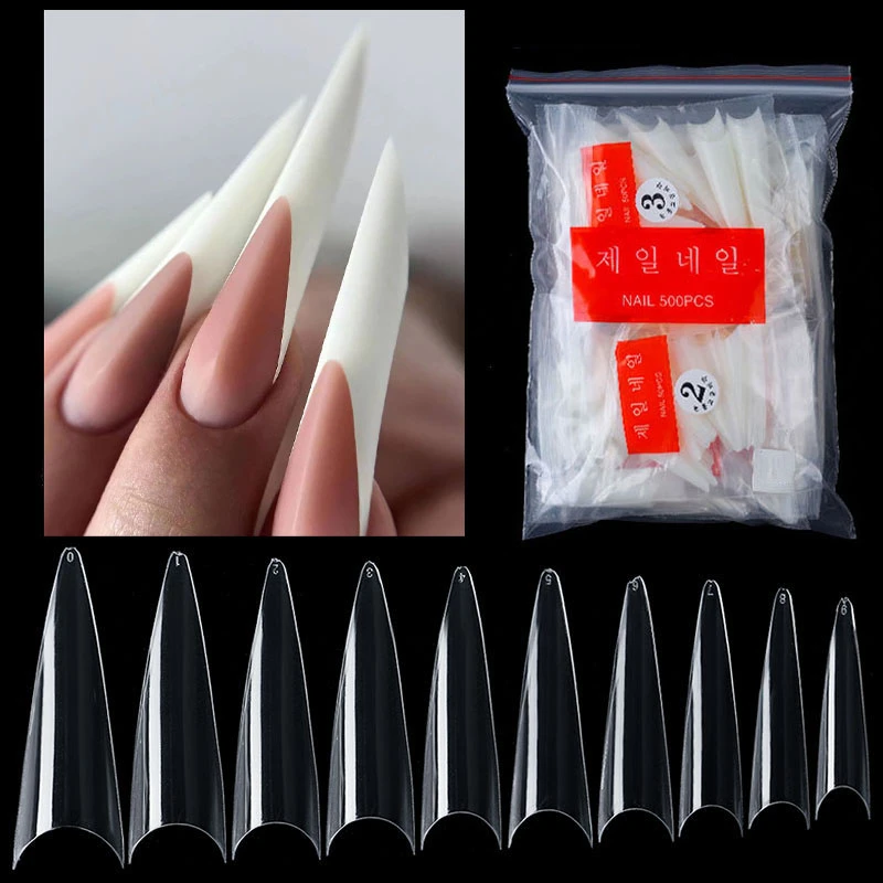 100/600 Pcs False Nail Tips with 10 Sizes Nail Tips Stiletto French Acrylic Fake Nails ABS Tips Artificial 0 -9 Nail Art Tips