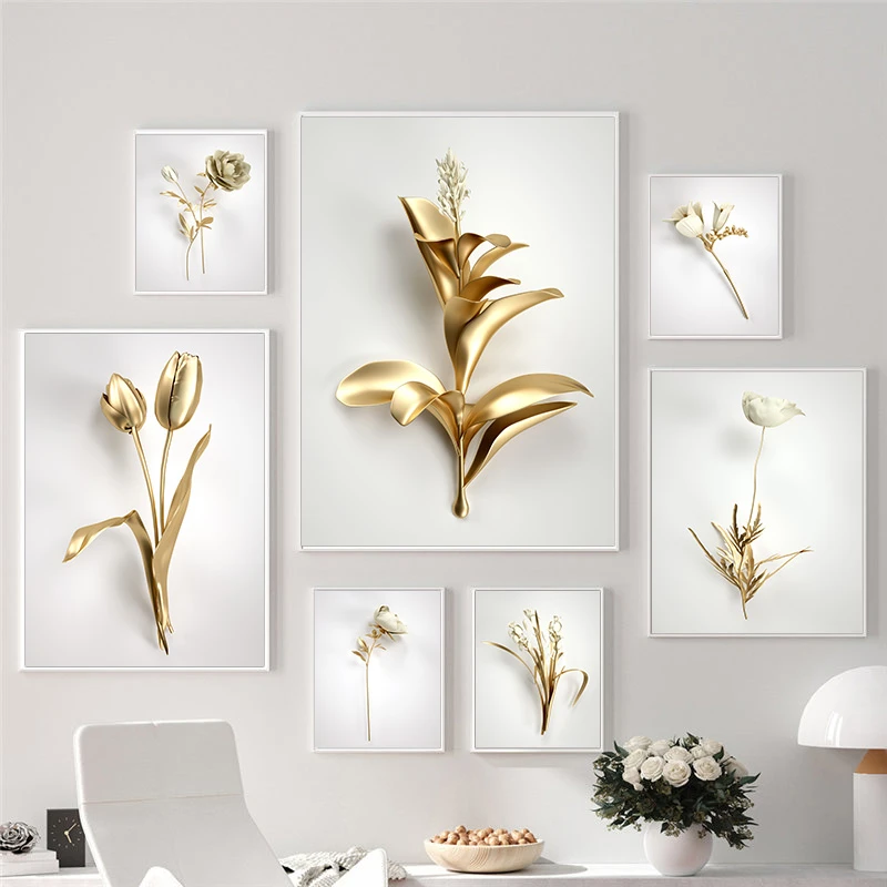 Abstract Golden Flower Home Decor Luxury Picture Canvas Painting Wall Art Posters and Prints for Nordic Living Room Art Design