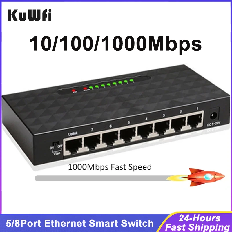 KuWFi 5/8Port Gigabit Switch Ethernet Smart Switcher High Performance1000Mbps Ethernet Network Switch RJ45 Hub Internet Injector