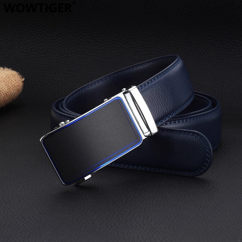 WOWTIGER Blue Color 3.5cm Width Cow Leather Strap Men`s Belt Automatic Buckle Adjustable High Quality Luxury Brand Belts for Men
