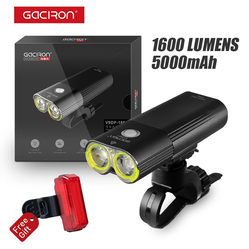 Gaciron V9D-1600 Bicycle Front Light IPX6 Waterproof 1600 Lumens Bicycle Light USB Rechargeable 5000mAh Power Bank Flashlight