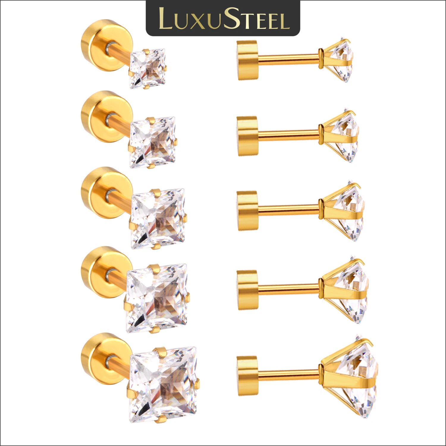 LUXUSTEEL Christmas Earrings Gold Color 5Pairs Sets Stainlesss Steel Size 3mm to 7mm Square Screw Stud Earring Jewlery