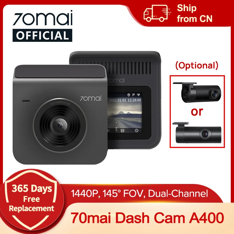 70mai Dash Cam A400 Car Recorder 1440P Resolution 70mai A400 Car DVR 145° FOV APP Control Support Rear Cam Dual Vision