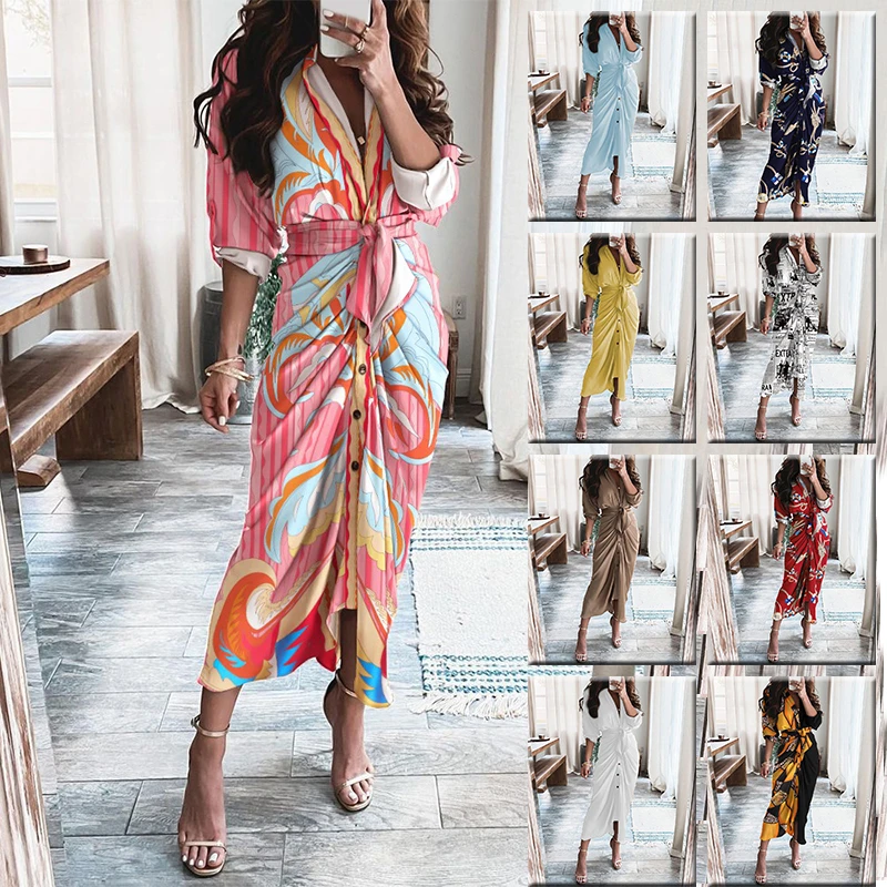 2021 Autumn Women Striped Leopard Print Shirt Dresses Bandage Button Elegantes Long Dress Vintage Vestidos De Mujer Casual Robe