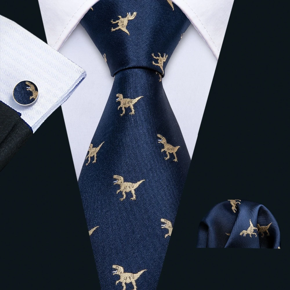2019 New Arrival Men's Ties Set Dinosaur Pattern Navy Gold Mens Wedding Necktie 8.5cm Necktie Business Silk Ties For Men FA-5191