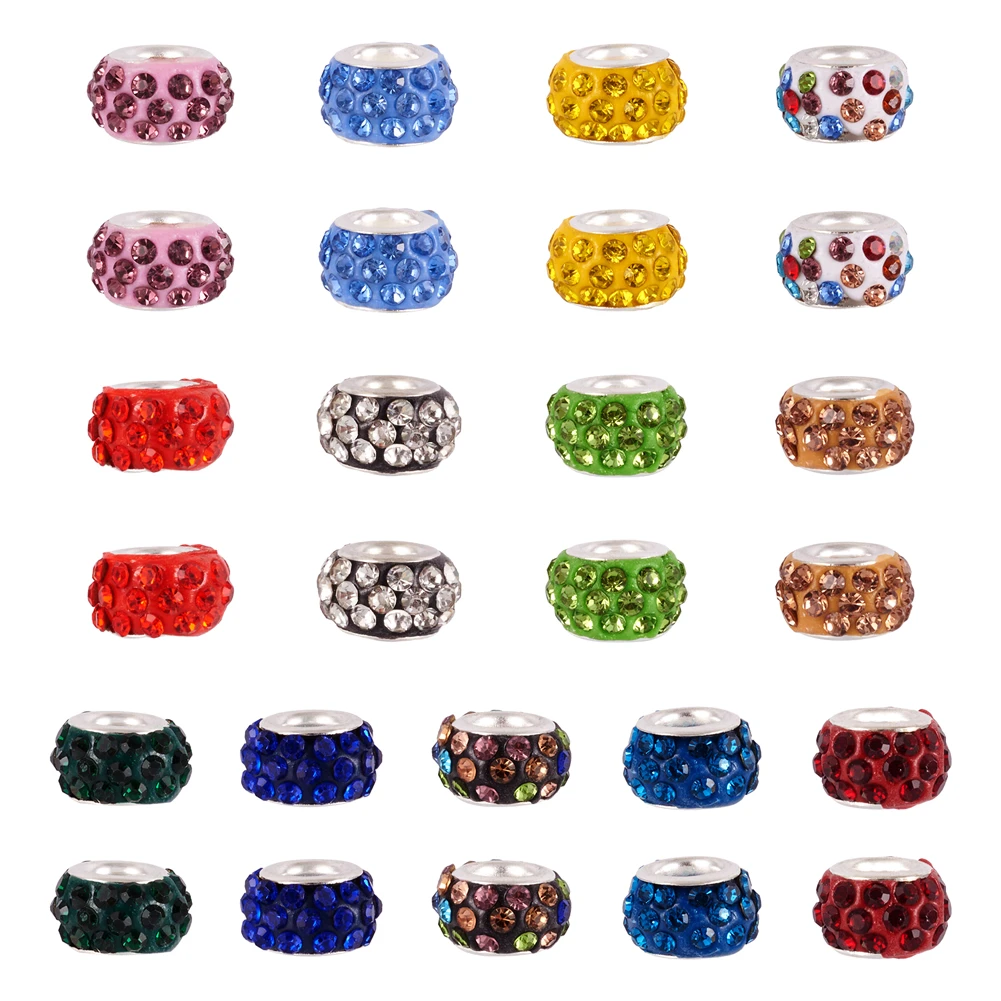 100pc Polymer Clay Rhinestone European beads Large Hole Beads Rondelle with Brass Cores Mixed Color 10x7mm Hole: 5mm