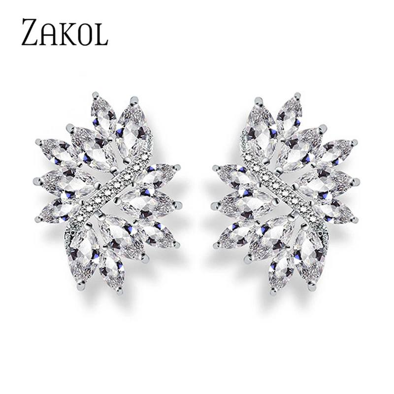 ZAKOL Delicate Cubic Zircon Crystal With White Color Handmade Fashionable Flower Stud Earring For Women Wedding FSEP480