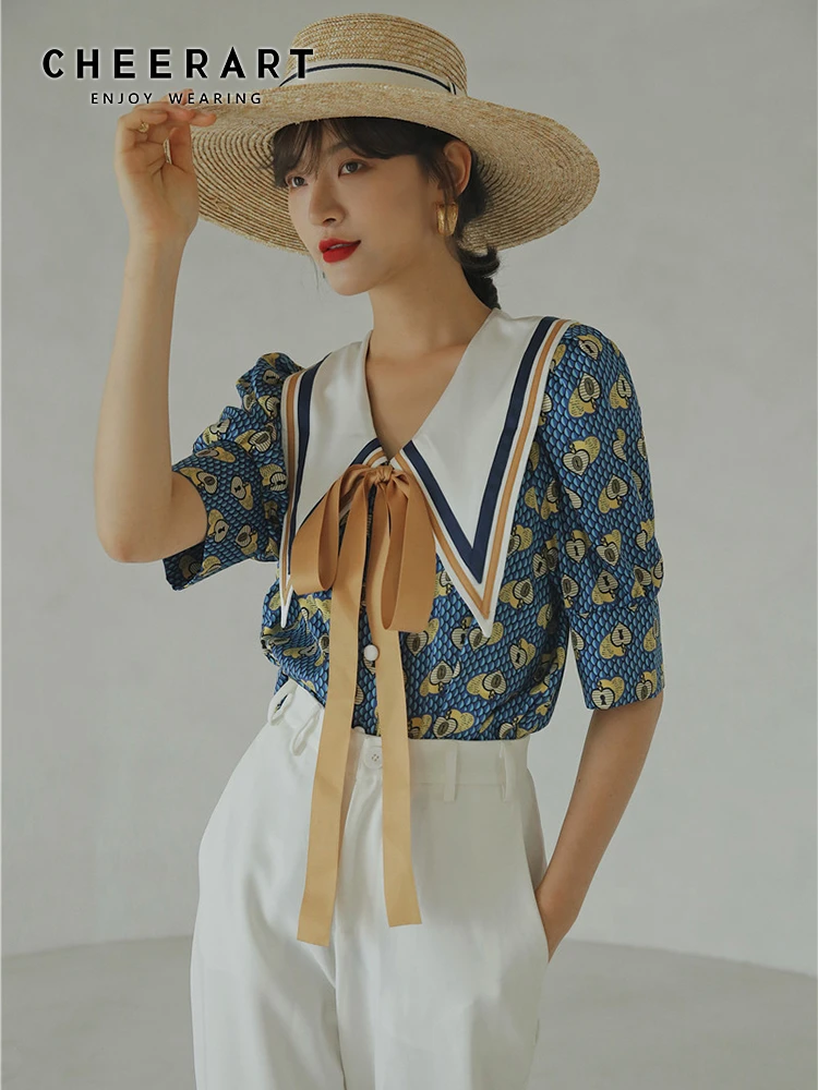 CHEERART Vintage Blouse Summer Top Blue Puff Sleeve Collar Shirt Women Loose Designer Ladies Tie Top Korean Fashion Clothing