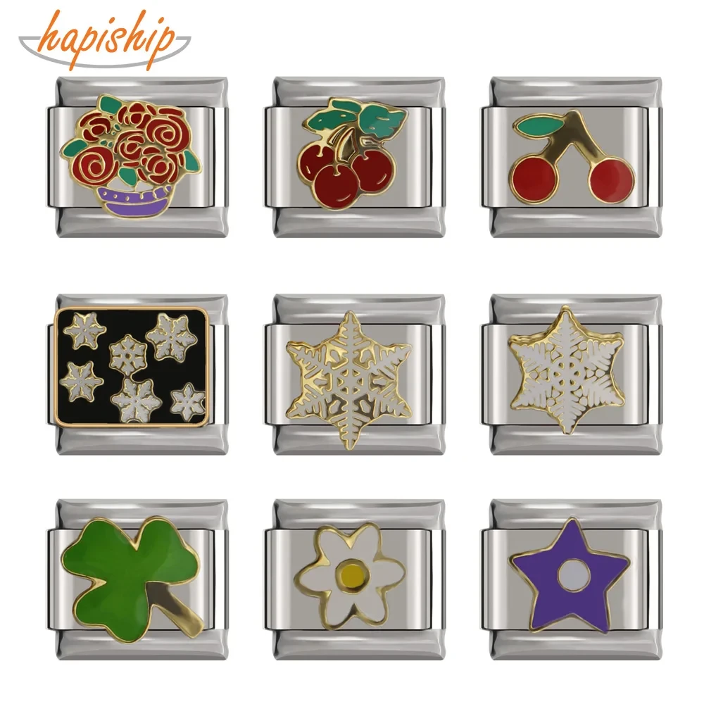 Hapiship New 9mm Width Daisy Flower Star Snowflake Cherry DIY Italian Charm Bracelet Stainless Steel Jewelry Making DJ097
