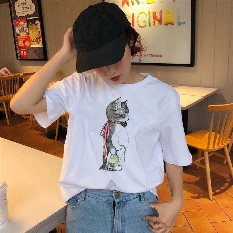 Graphic tees tops Bell cat Print tshirts women funny t shirt white Tops casual short Camisetas Mujer_T-Shirt