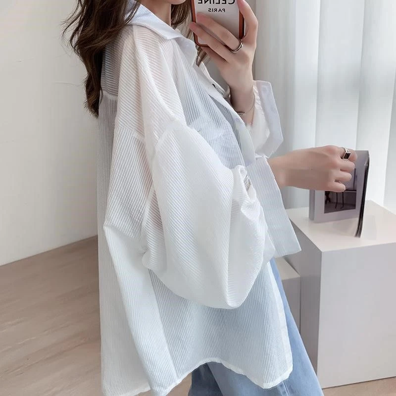 HOUZHOU White Transparent Chiffon Blouse Chic Women Summer Oversize Puff Long Sleeve Shirt Korean Style Cardigan Basic Sheer Top