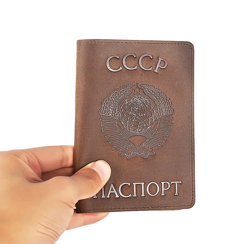 Vintage Natural Crazy Horse Leather Russia And CCCP Passport Cover Drop Ship A594 Men Genuine Leather Passport Case