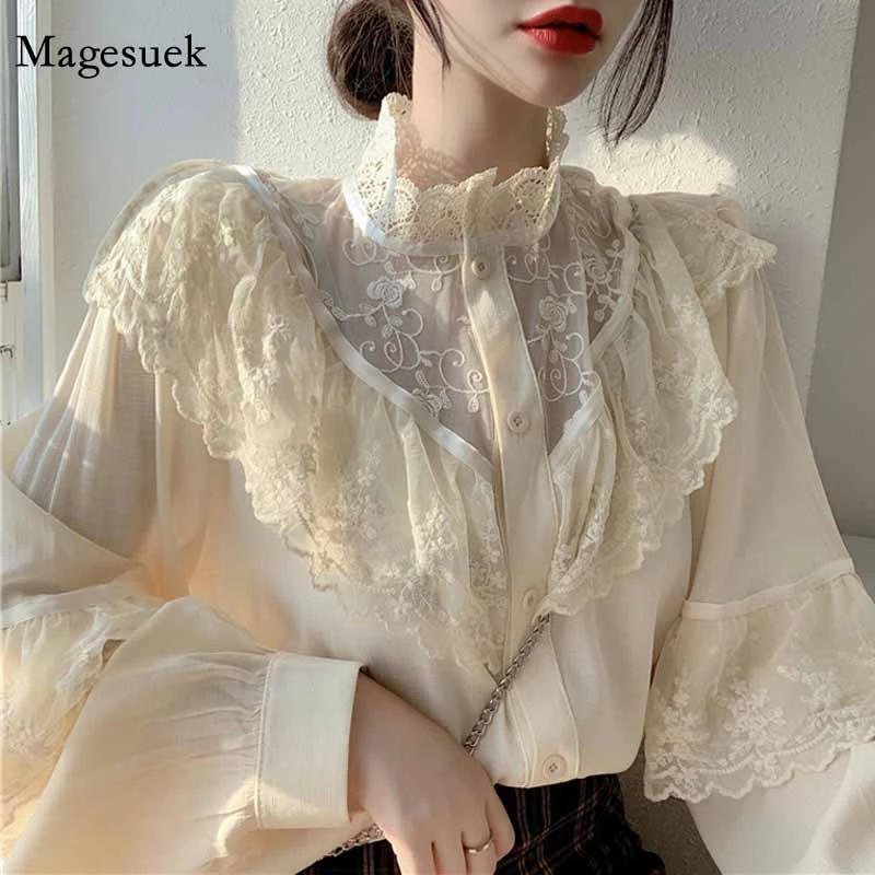 2021 Fashion Womens Tops and Blouses See Through Lace Shirts Women Wild Ruffled Chiffon Women's Blouse Vintage Top Female 2551