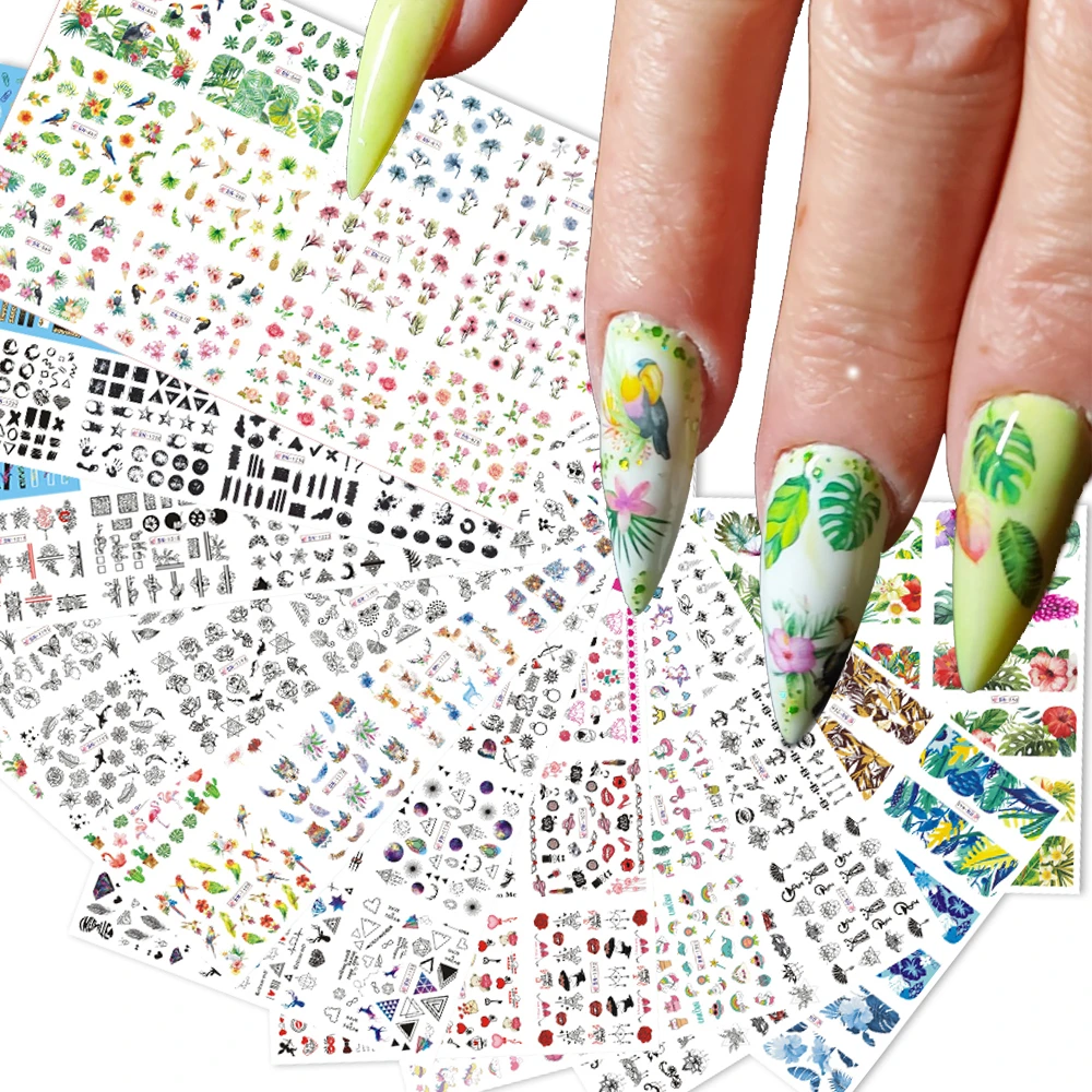 12 Designs Mixed Floral Geometric Nail Stickers Set Nail Art Water Transfer Decals Sliders Flower Leaves Manicures Decoration