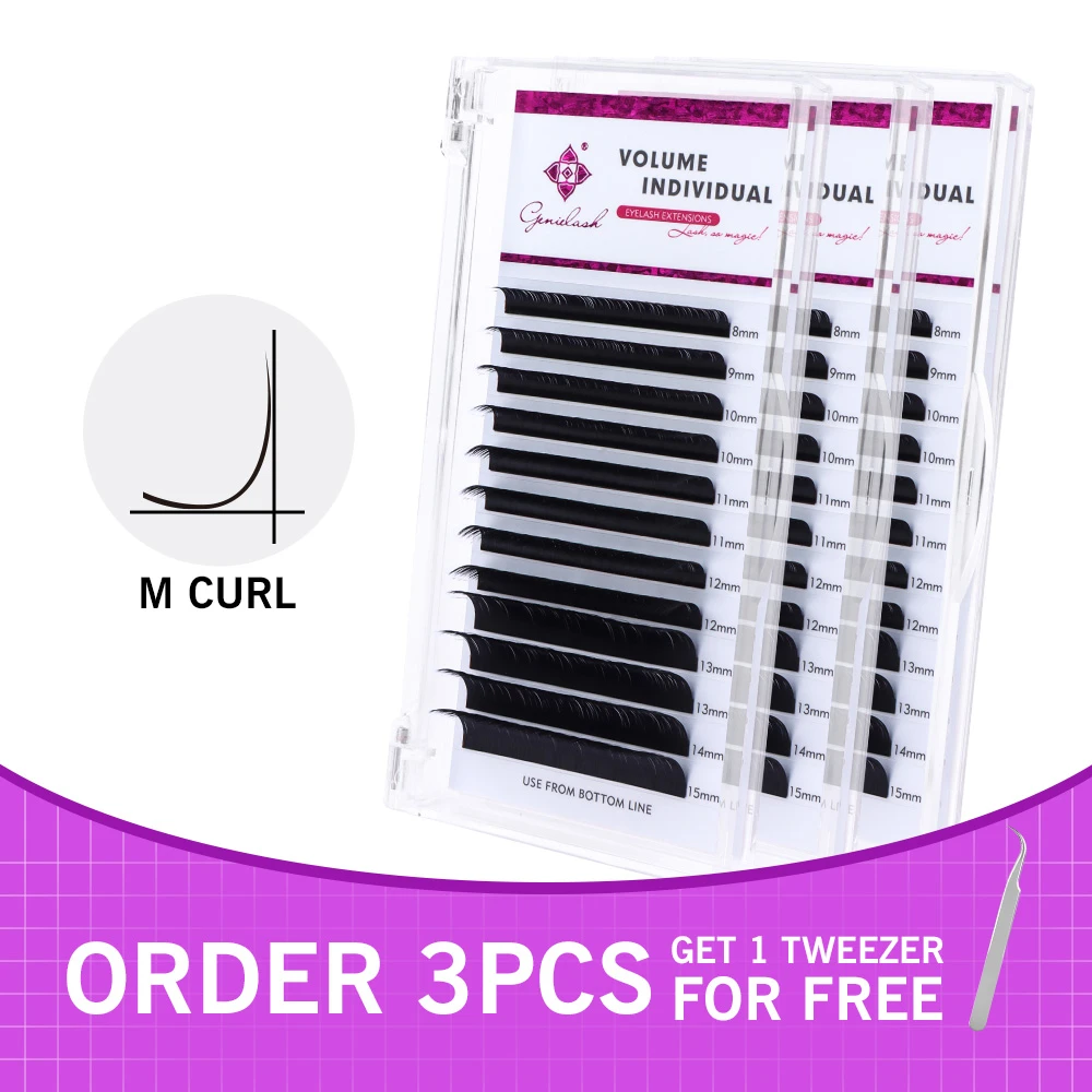 GENIELASH M Curl Eyelash Extension 0.07/0.10 8-15mm Mixed Individual Eyelashes Mink Volume Lash Extensions Natural Cilios 12rows