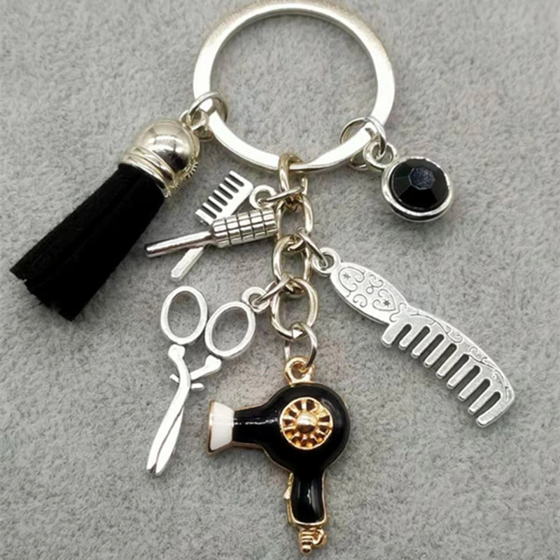 New fashion hairstyle gift charm tassel keychain retro jewelry mini hairdressing scissors hair dryer comb keychain DIY manual