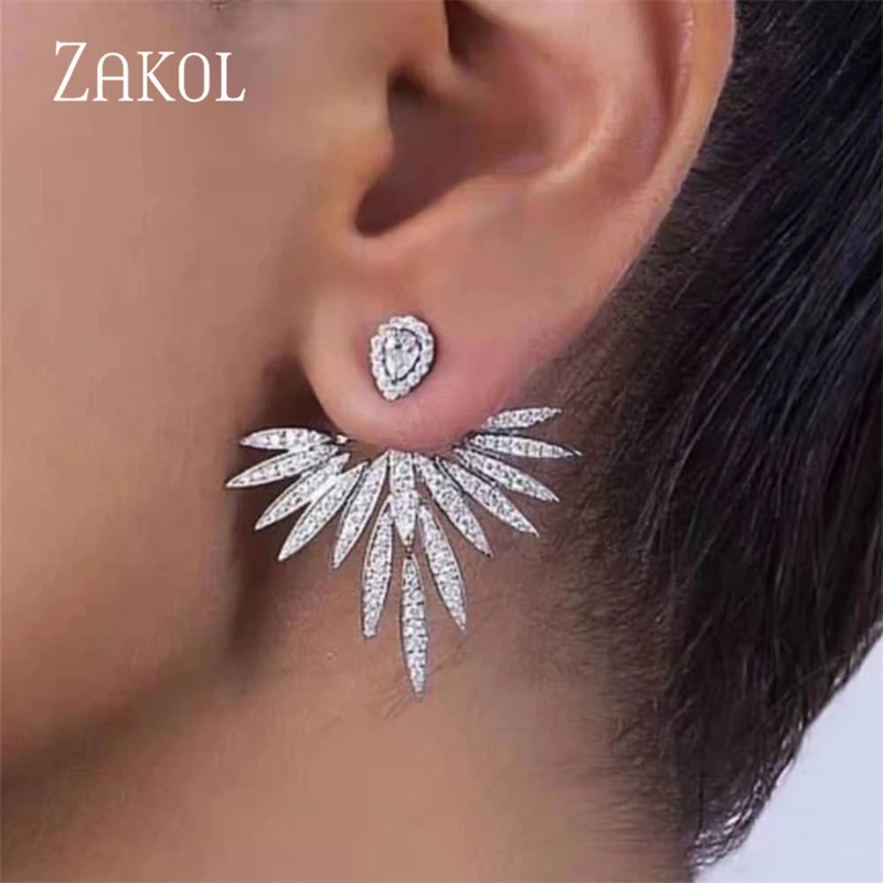 ZAKOL 2020 Elegant Feather Shape White Gold Color High Quality Cubic Zirconia Jewelry Party Stud Earrings for Women FSEP2539
