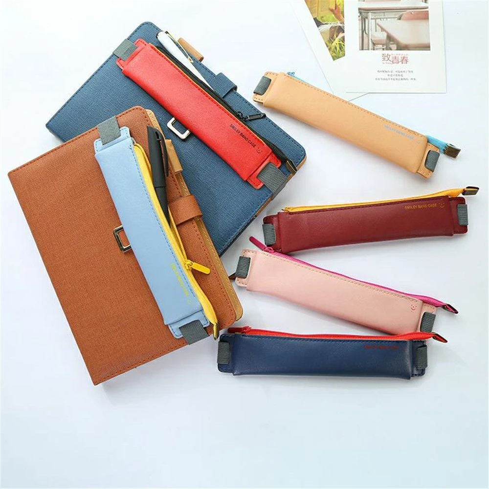 1PC PU Leather Mini Pen Bag Eco-friendly Elastic Buckle Book Pencil Case Portable Notebook Journal Pen Holder Office Stationery