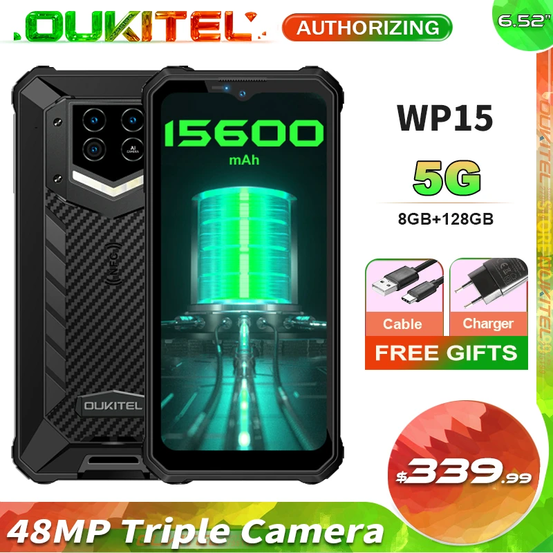 OUKITEL WP15 15600mAh IP68 Waterproof Dual 5G Rugged Smartphone 6.52'' 8GB+128GB Android 11 48MP Triple Camera Mobile Phone NFC