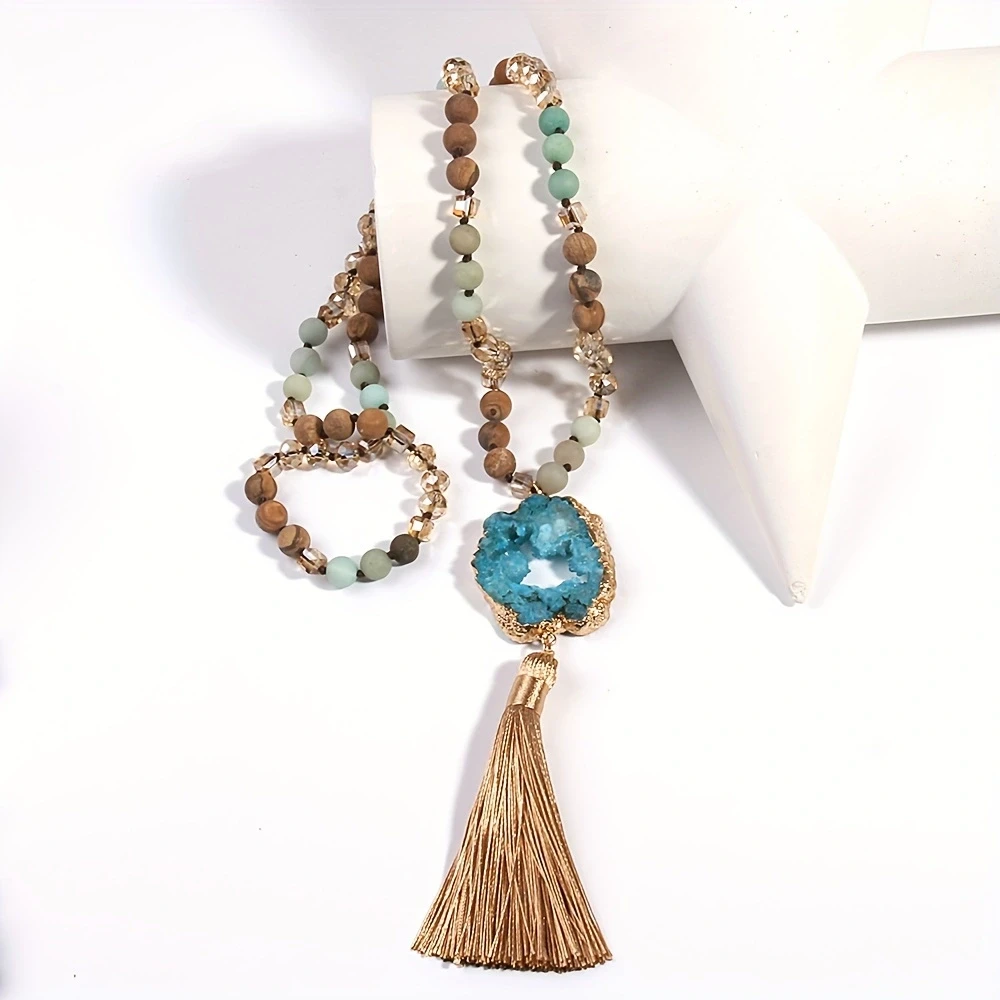 RH Fashion Bohemian Jewelry Semi Precious Stones Knotted Druzy Stone Links Tassel Necklaces For Women Boho Necklace