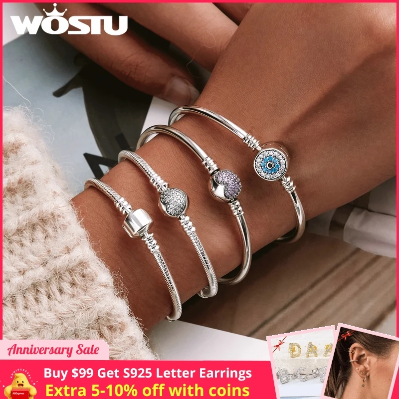 WOSTU 925 Sterling Silver Bracelet – Barrel Snap Clasp, Cubic Zirconia, Bangle Bracelet, Chain Bracelet, Charm, Sizes 17–21