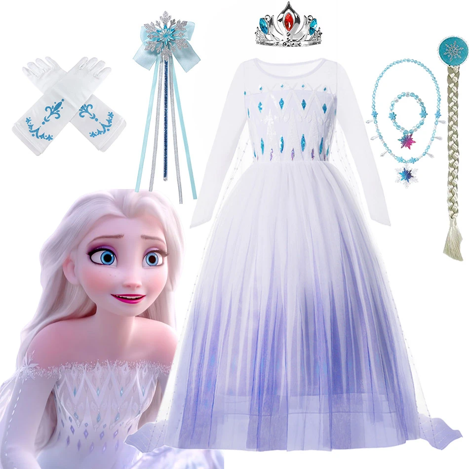 Disney Frozen 2 Costume for Girls Princess Elsa Dress Xmas White Ball Gown Halloween Kids Snow Queen Cosplay Carnival Clothing