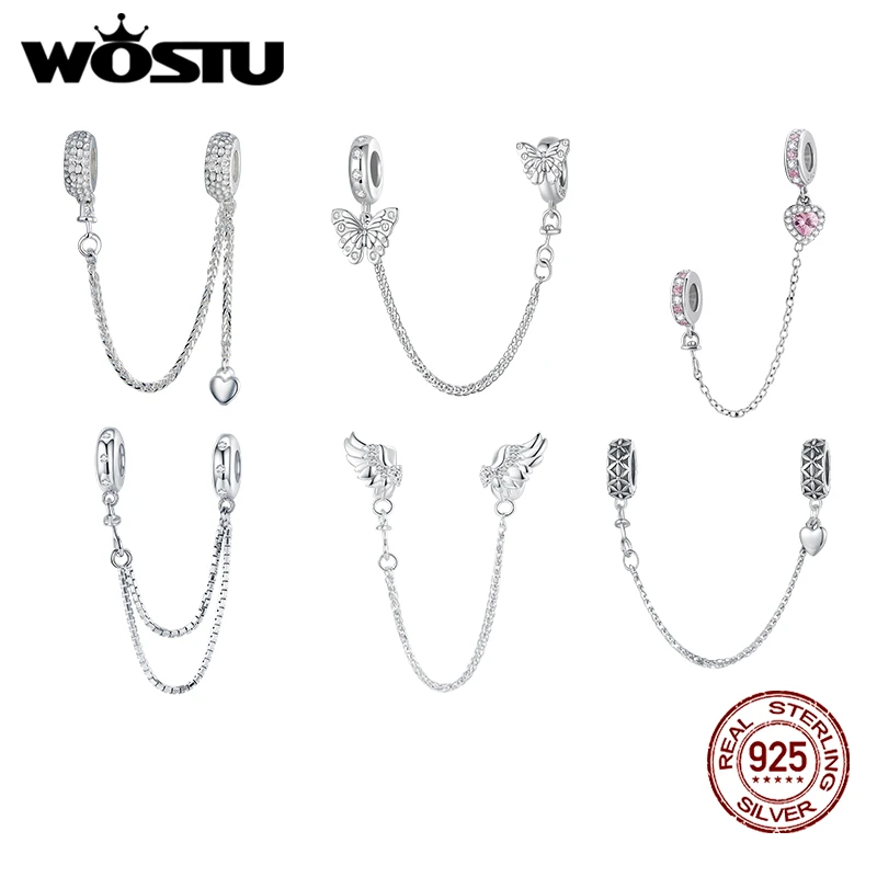 Hot Sale 100% 925 Sterling Silver The Key to Heart Silicon Safety Chain Charm Fit Wostu Original Beads Bracelet Jewelry