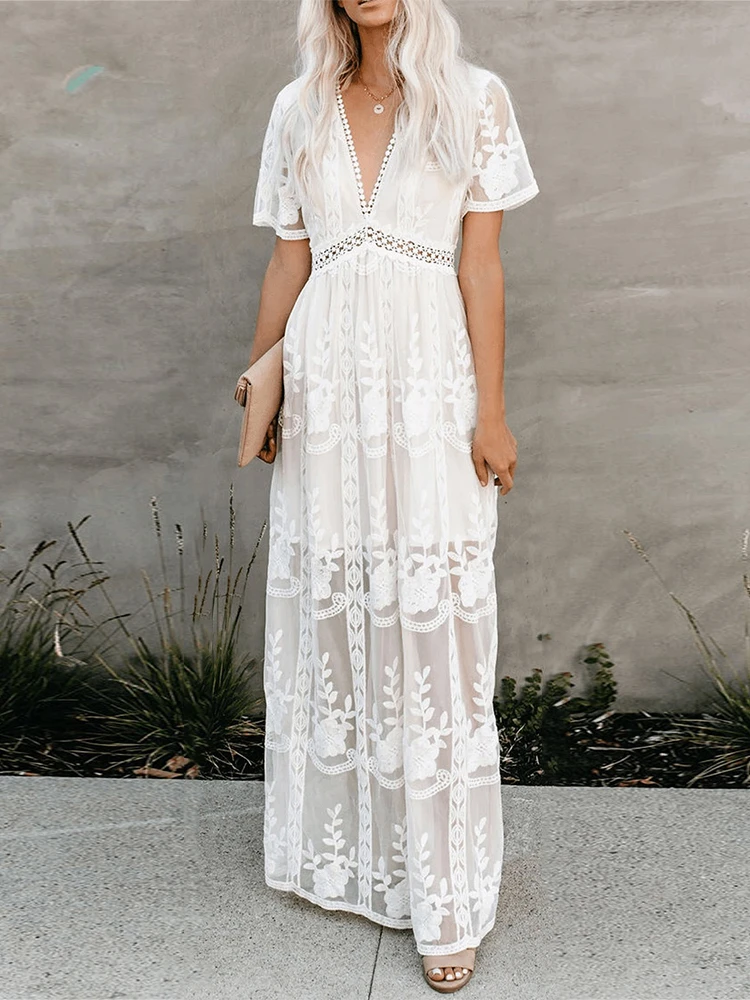 Jastie 2021 Summer Boho Women Maxi Dress Loose Embroidery White Lace long Tunic Beach Dress Vacation Holiday Women Clothing