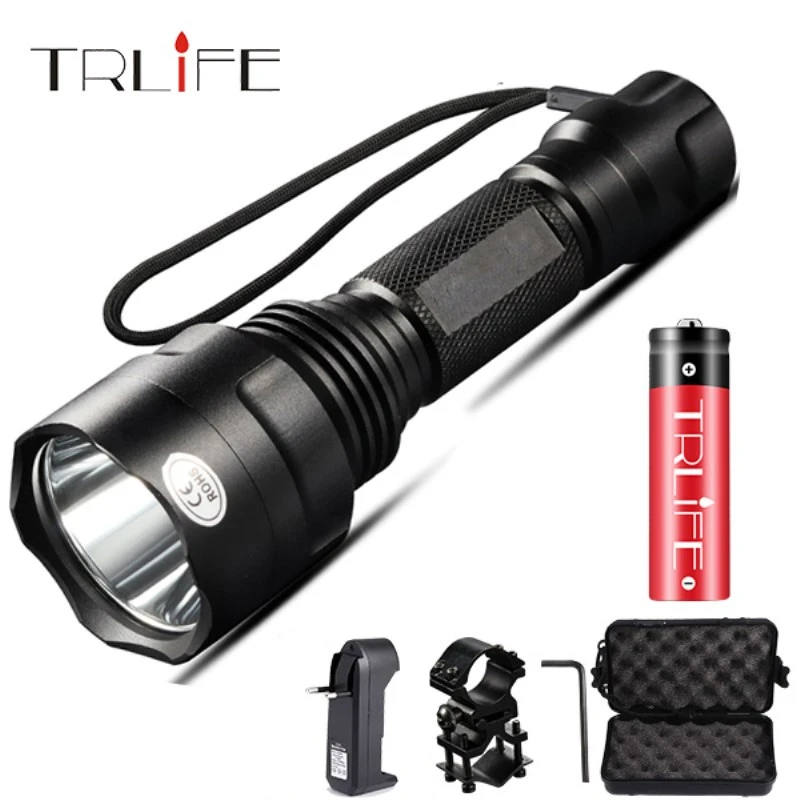 1 Mode LED Flashlight  T6/L2 Tactical Flashlight Aluminum Hunting Flash Light Torch Lamp +18650+Charger+Gun Mount for Hunting