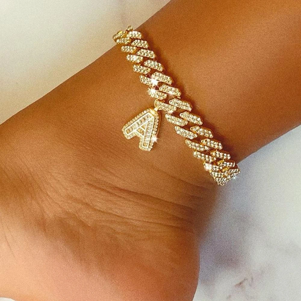 12mm DIY Gold Layered Initial Cuban Link Chain Iced Out Anklets for Women Cuban Anklet Ankle Bracelet Stainless Steel Jewelry