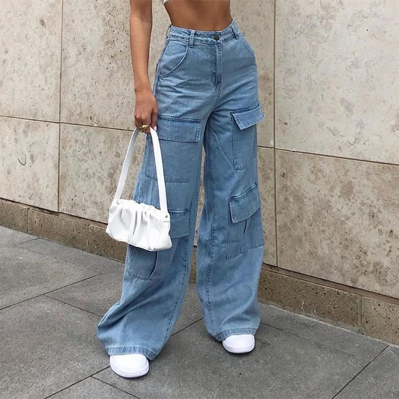 Women 90s Y2K Patchwork Wide Leg Mom Jeans Big Pocket Cargo Pants Vintage Mopping Pants Casual Streetwear Boyfriend Denim Jeans