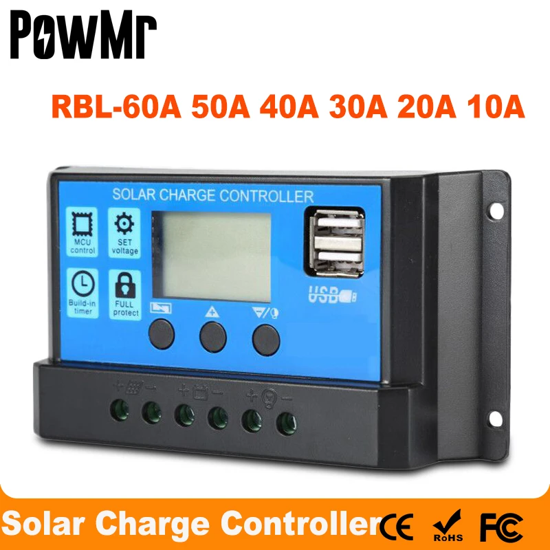 Solar Charger Controller 60A 50A 40A 30A 20A 10A 12V 24V Battery Charger LCD Dual USB Solar Panel Regulator for Max 50V PV Input