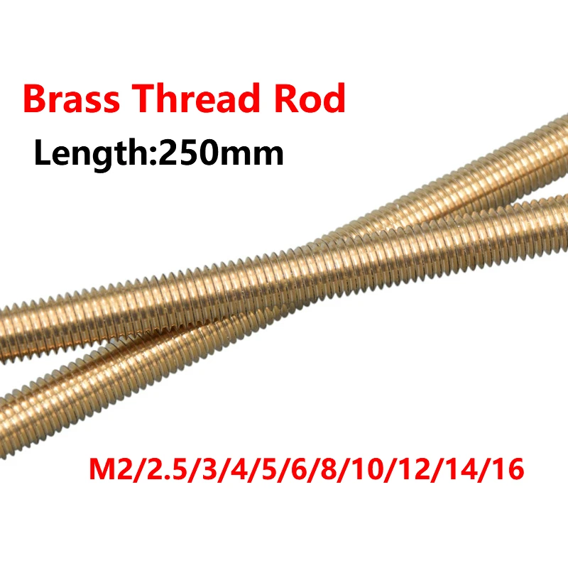 Brass Thread Rod M2 M2.5 M3 M4 M5 M6 M8 M10 M12 M14 M16 Length 250mm Long Brass Metric Bolt Full Thread Shaft Rod Bar Stud