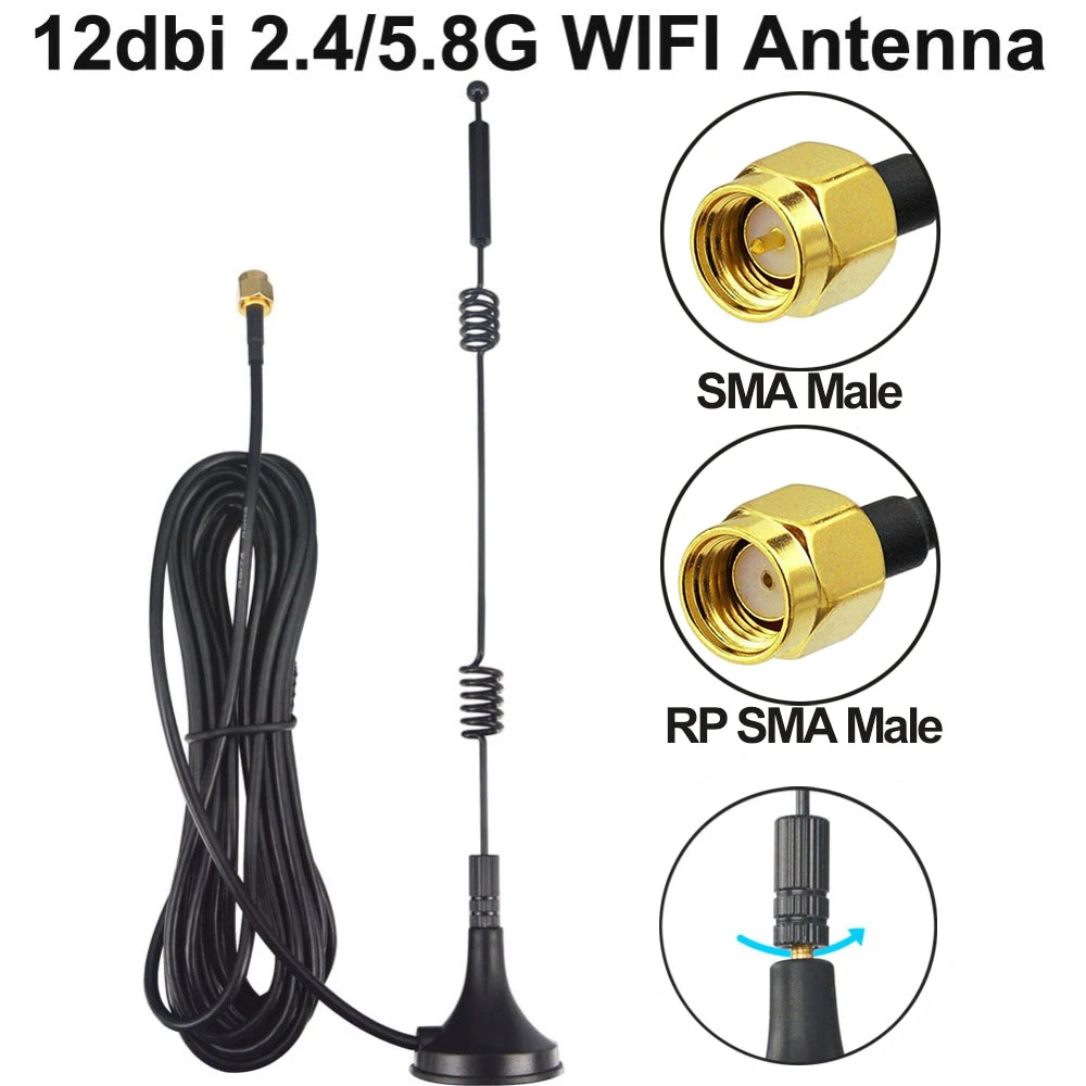 12dbi WIFI Antenna 2.4G/5.8G Dual Band pole antenna SMA Male/RP SMA Male with Magnetic base for Router Camera Signal Booster