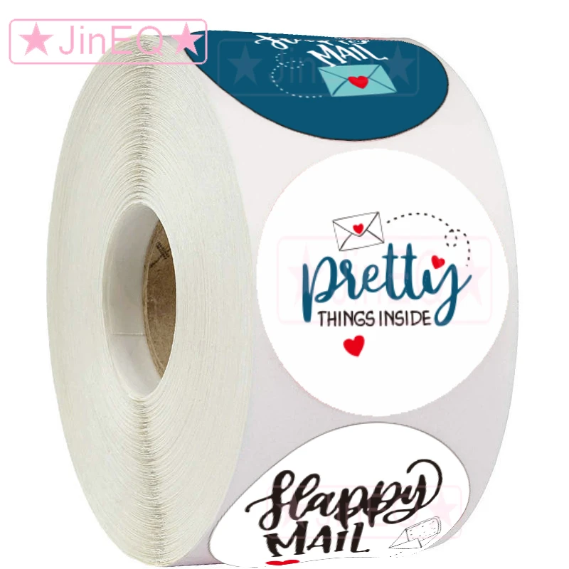 500pcs White Happy Mail Stickers 1'' Circle Seal Labels for Thank You Cards Business Packaging Pretty Gift Decoration Envelope